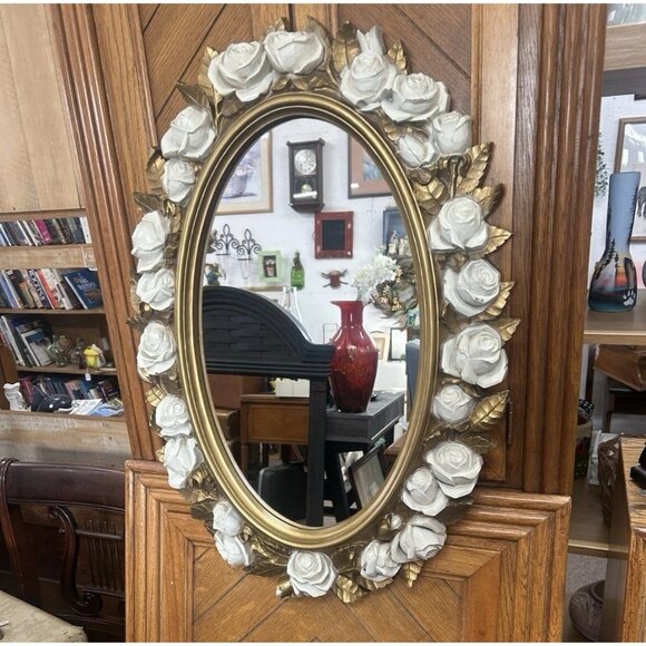 Vintage Homco 2057 Gold Trimmed White Roses Hollywood Regency Wall Mirror luxu - Picture 2 of 8